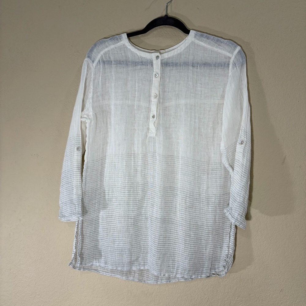 Eileen Fisher 100% Linen Front Button 3/4 Rolled Sleeves Sheer Top 17” PTP Boho